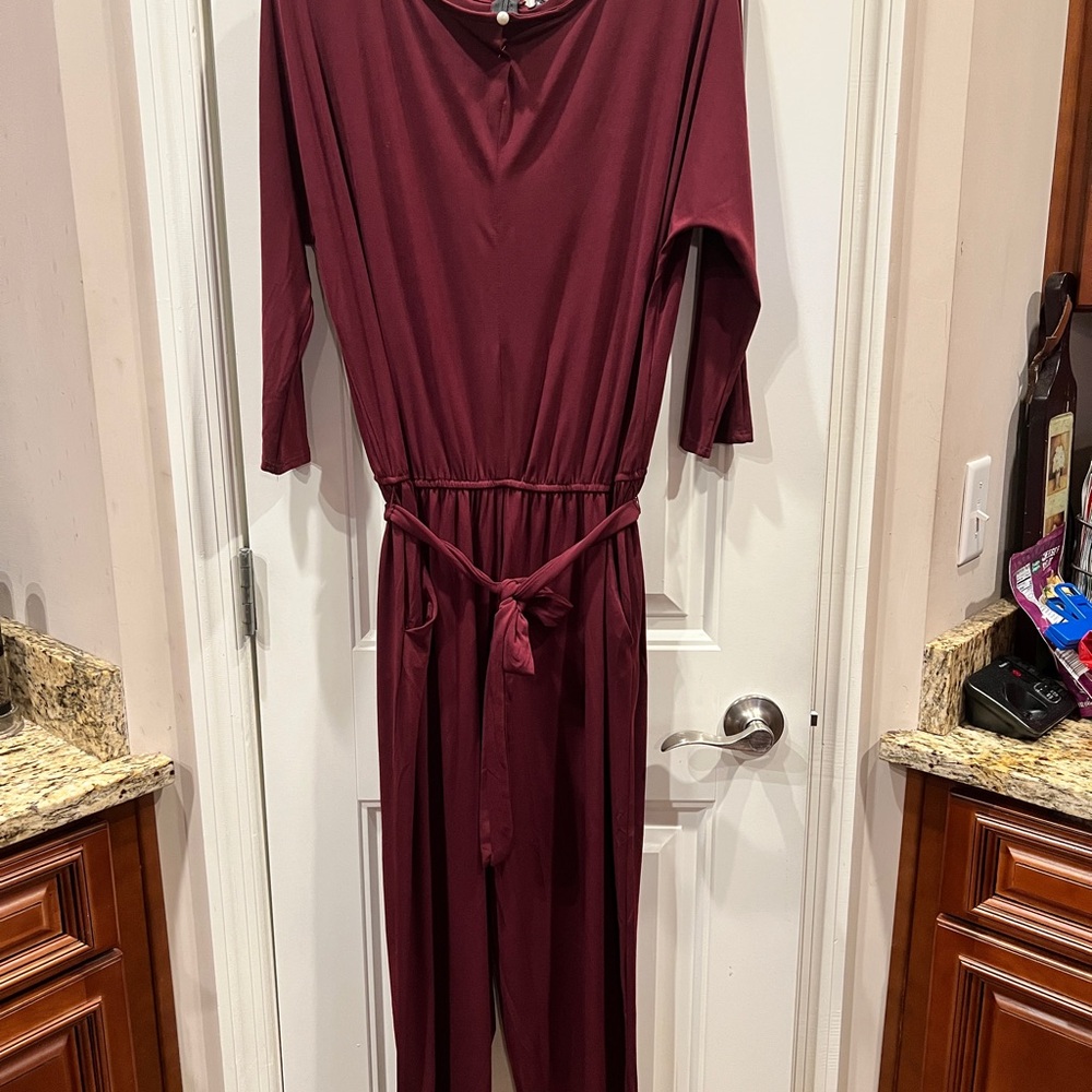 Nina Leonard Burgundy Maroon Merlot Jumpsuit Tie Waist Pockets Sz XL NWT